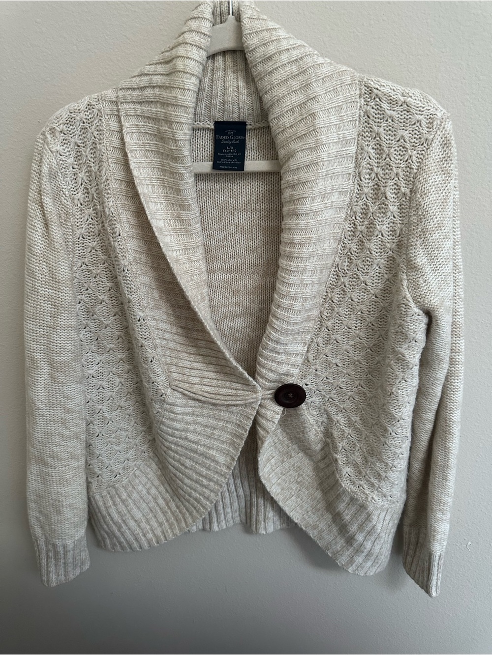 Faded Glory Cream Cable Knit Shrug Sweater Single Button Women's L